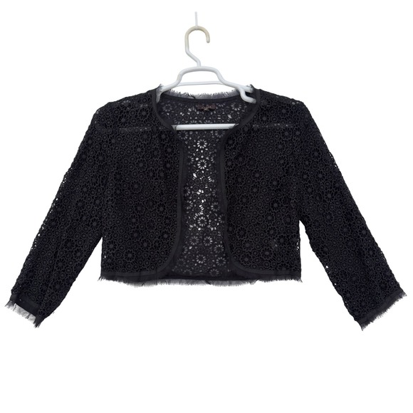 TOCCA Cropped Bolero Cardigan Women's 12 Black Floral Lace Silk Trim Shrug Chic - Picture 1 of 8